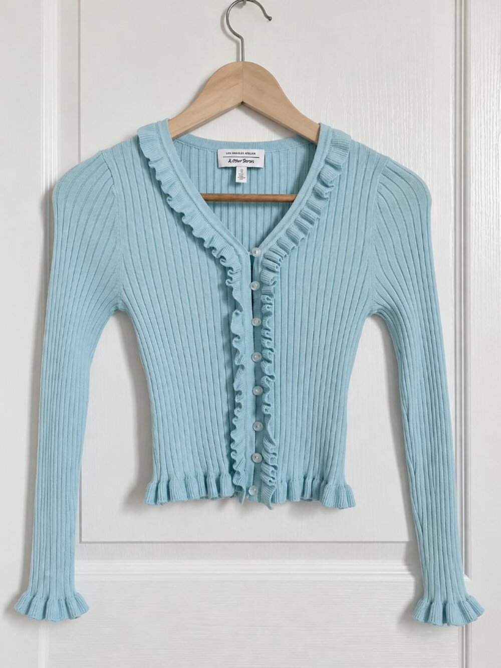 & Other Stories Sky Blue Ribbed Ruffle Cardigan Top Size S